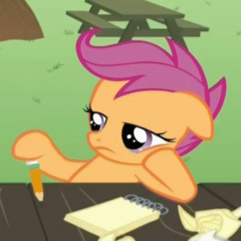 An animated gif of a cartoon pony showing her displeasure for paperwork