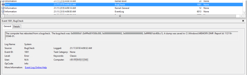 Examples of the BugCheck messages on the SQL Cluster nodes