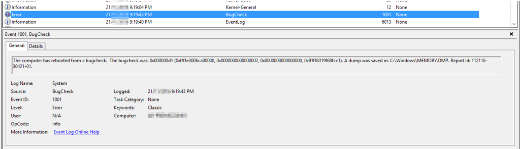 Examples of the BugCheck messages on the SQL Cluster nodes