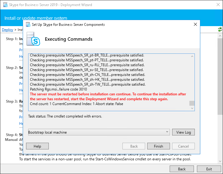 Skype for Business Server 2019 - Deployment Wizard  - Failure Code 3010
