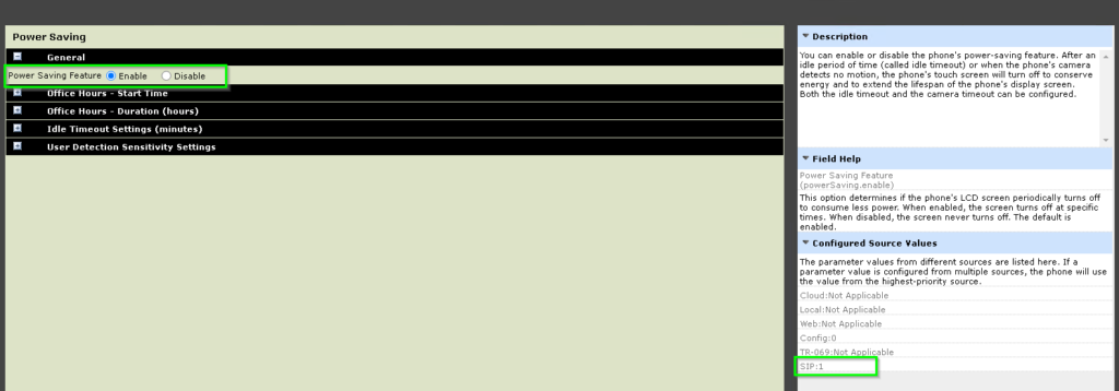 VVX Configuration Page showing Power Saving feature enabled with a configured source of SIP