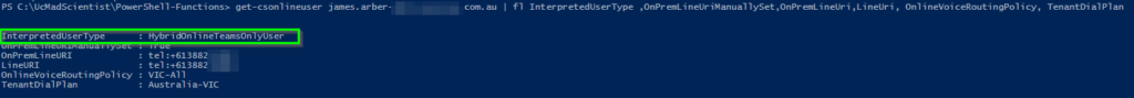User attributes showing Dial Plan and Hybrid Cloud Status