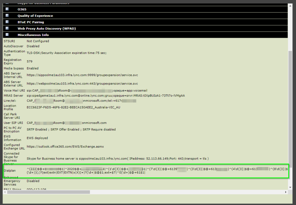 VVX Phone Status page showing the correct Dial Plan being applied