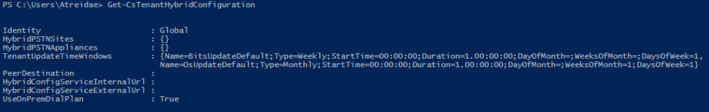 Get-CsTenantHybridConfiguration showing UseOnPremDialPlan is set to True