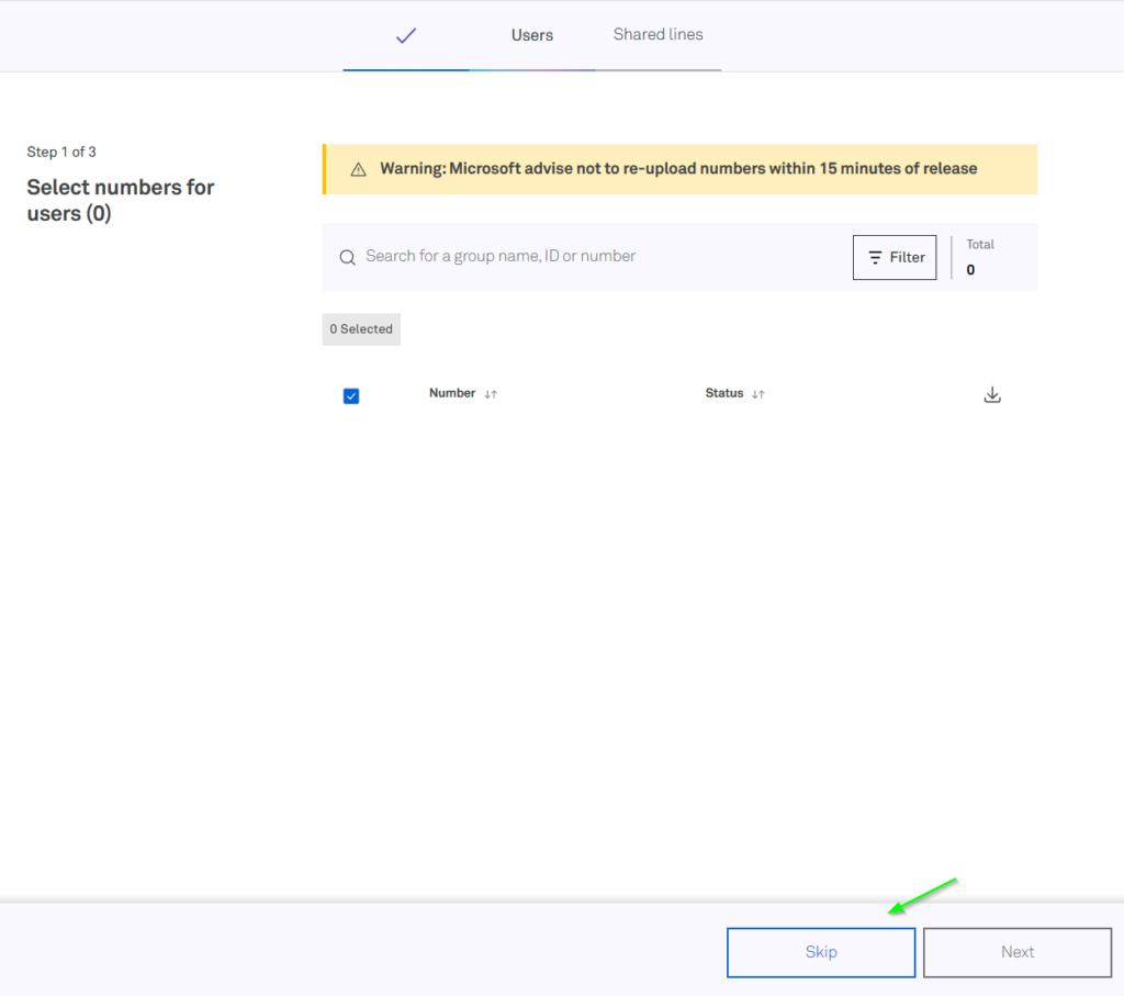 A screenshot of the Telstra Adaptive Colab number assignment wizard, showing no numbers selected for assignment as Users