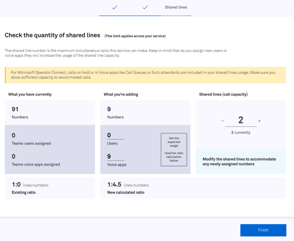 A screenshot of the Telstra Adaptive Colab number assignment wizard, showing 2 shared lines
