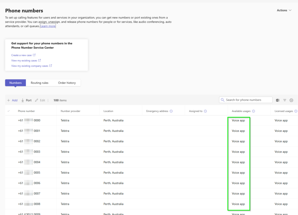 A screenshot of the Teams Admin Center with 10 Voice Apps numbers listed