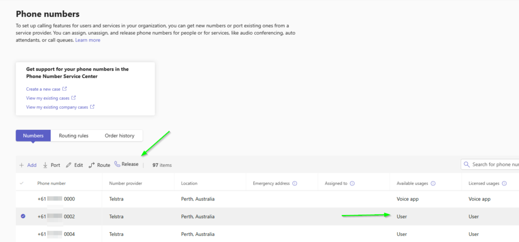 Screenshot of the Teams admin portal highlighting a user number and the "release" button