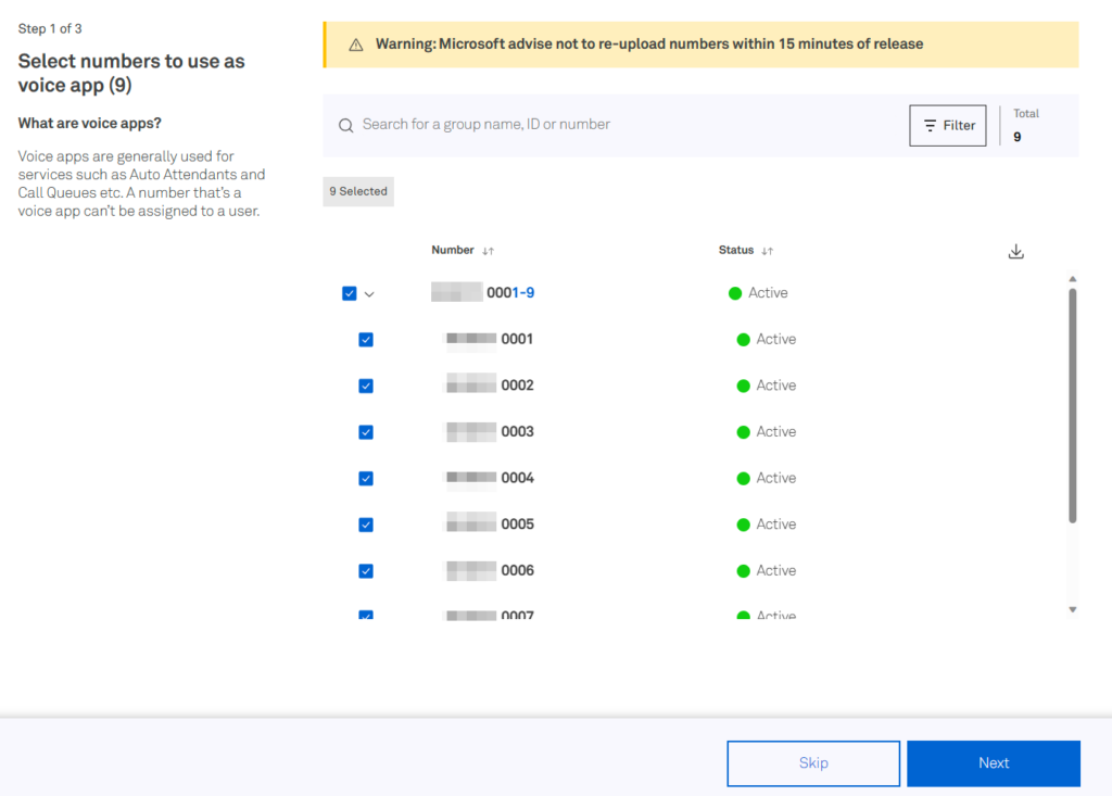 A screenshot of the Telstra Adaptive Colab number assignment wizard, showing 9 numbers selected for assignment as Voice Apps