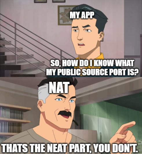 an image of the "Thats the neat part, you dont" meme from Invincible with the first panel asking how an application knows its external IP, and the second panel stating "thats the near part, you dont"