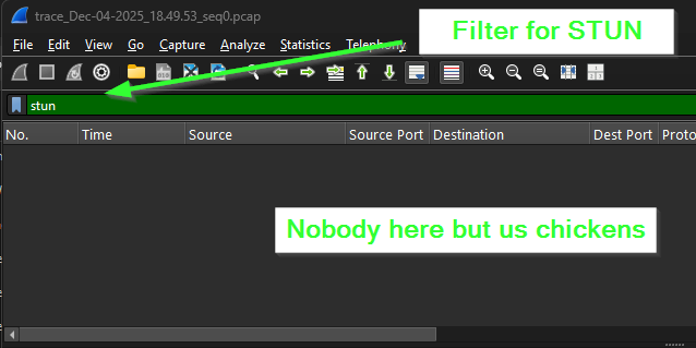 a screenshot of Wireshark with a packet filter for STUN packets, showing no matching packets