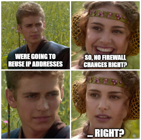 An image of the Starwars "For the better... Right" meme referencing the reuse of IP addresses and implying we didnt need to update the firewall.